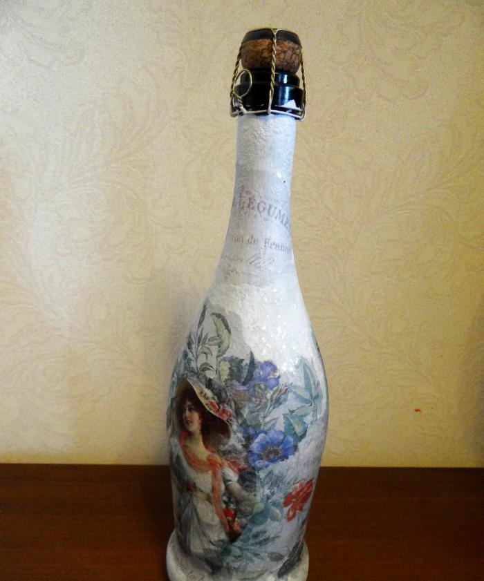 decoupage champagne bottle