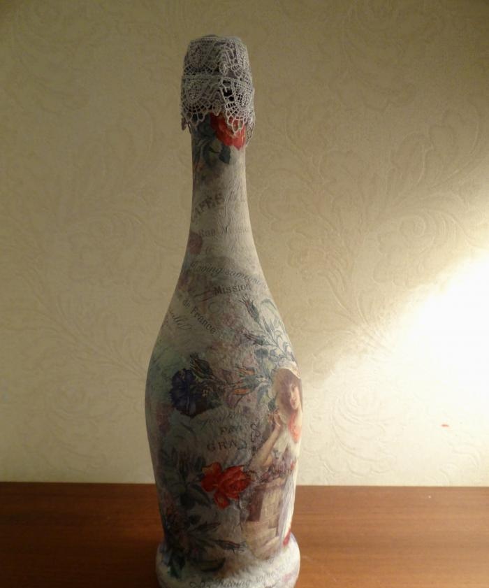 decoupage champagne bottle