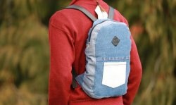 Bright backpack made from old jeans