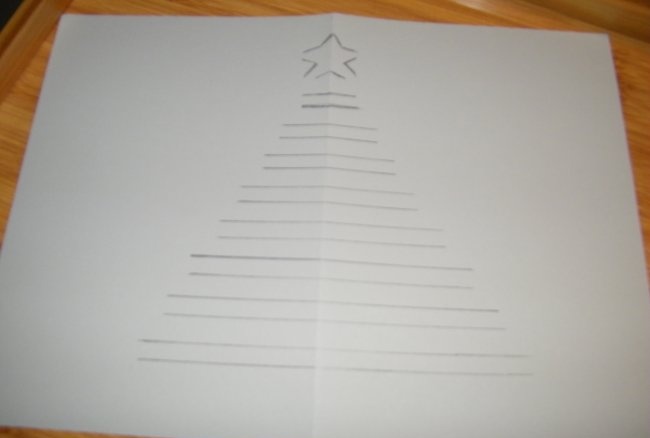 New Year's panorama card with a three-dimensional internal image of a Christmas tree