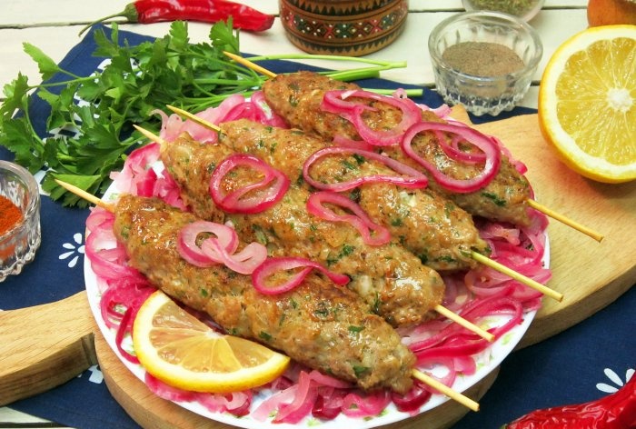 Pork kebab in a frying pan