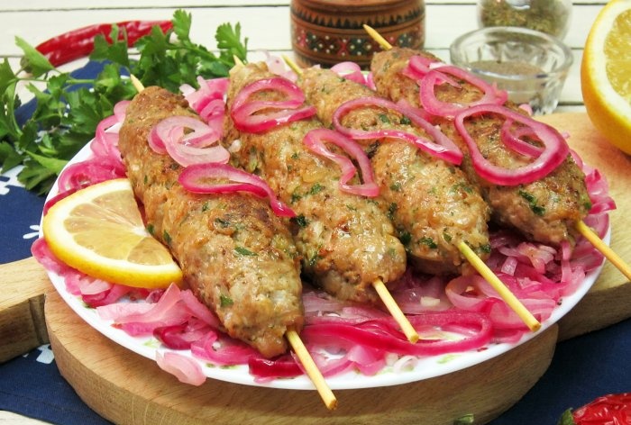 Pork kebab in a frying pan