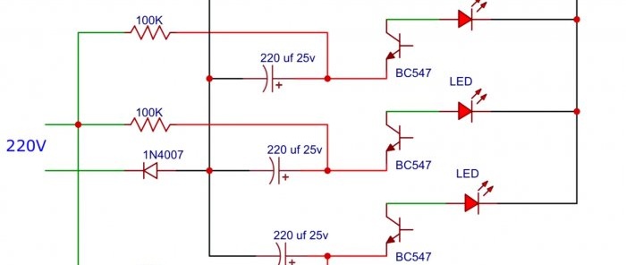 How to assemble a three-LED flasher powered by 220 V