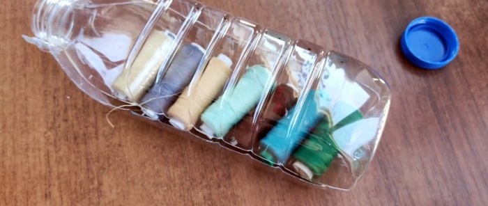 Now nothing will get tangled. Method for storing sewing threads in a PET bottle