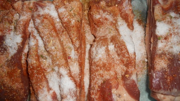 Lard boiled in a plastic bag with spices