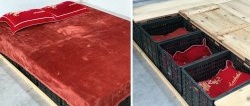 Bed made of plastic vegetable crates with numerous storage spaces