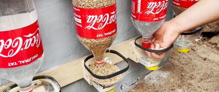 Automatic feeder with automatic drinker made of PET bottles for poultry