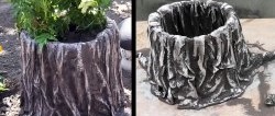 DIY stump planter from an old bucket and rags